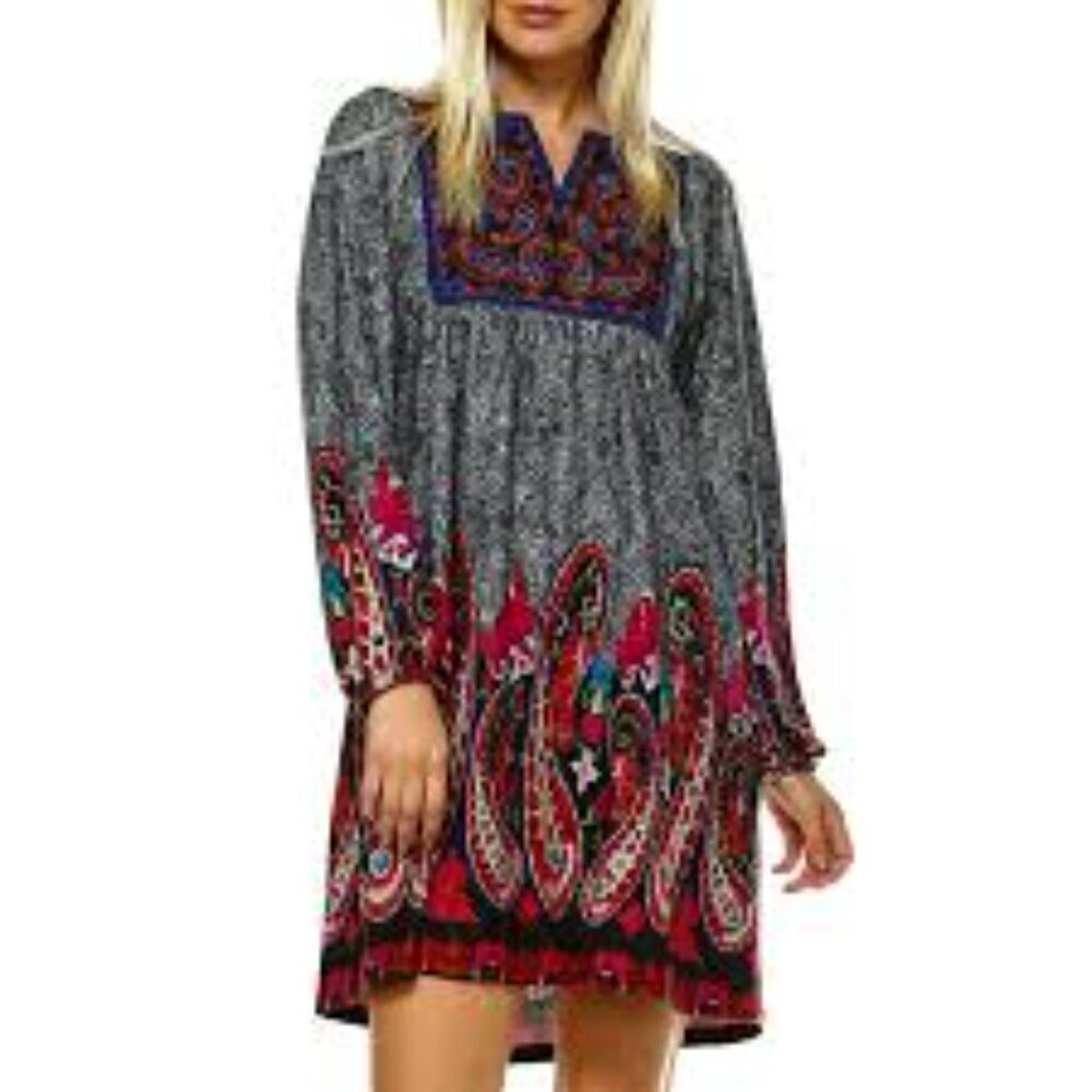 White Mark Blue Long Sleeve Sundress with Plunge Neckline MED 1306